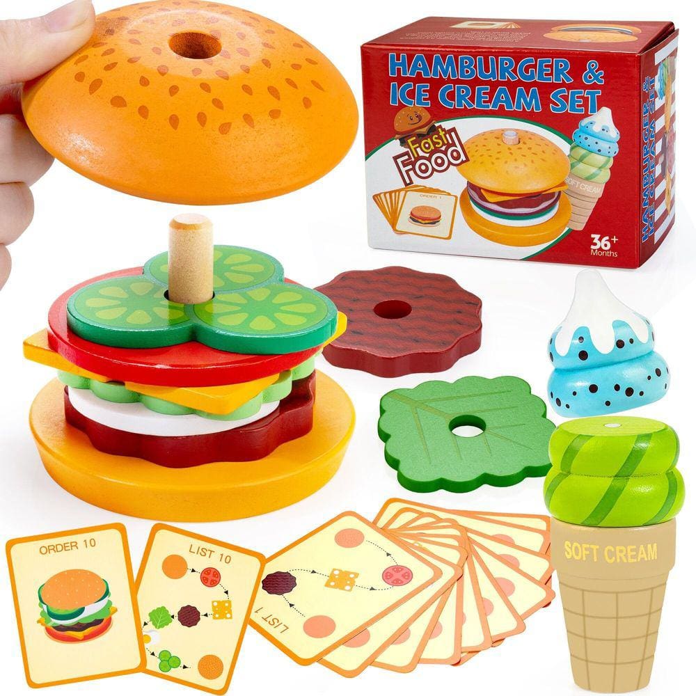 Brinquedo empilhável Montessori de madeira Bravmate Burger & Ice Cream