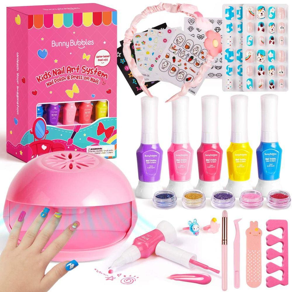 Kit de esmaltes Bunny Bubbles com secador de unhas para meninas de 7 a 12 anos