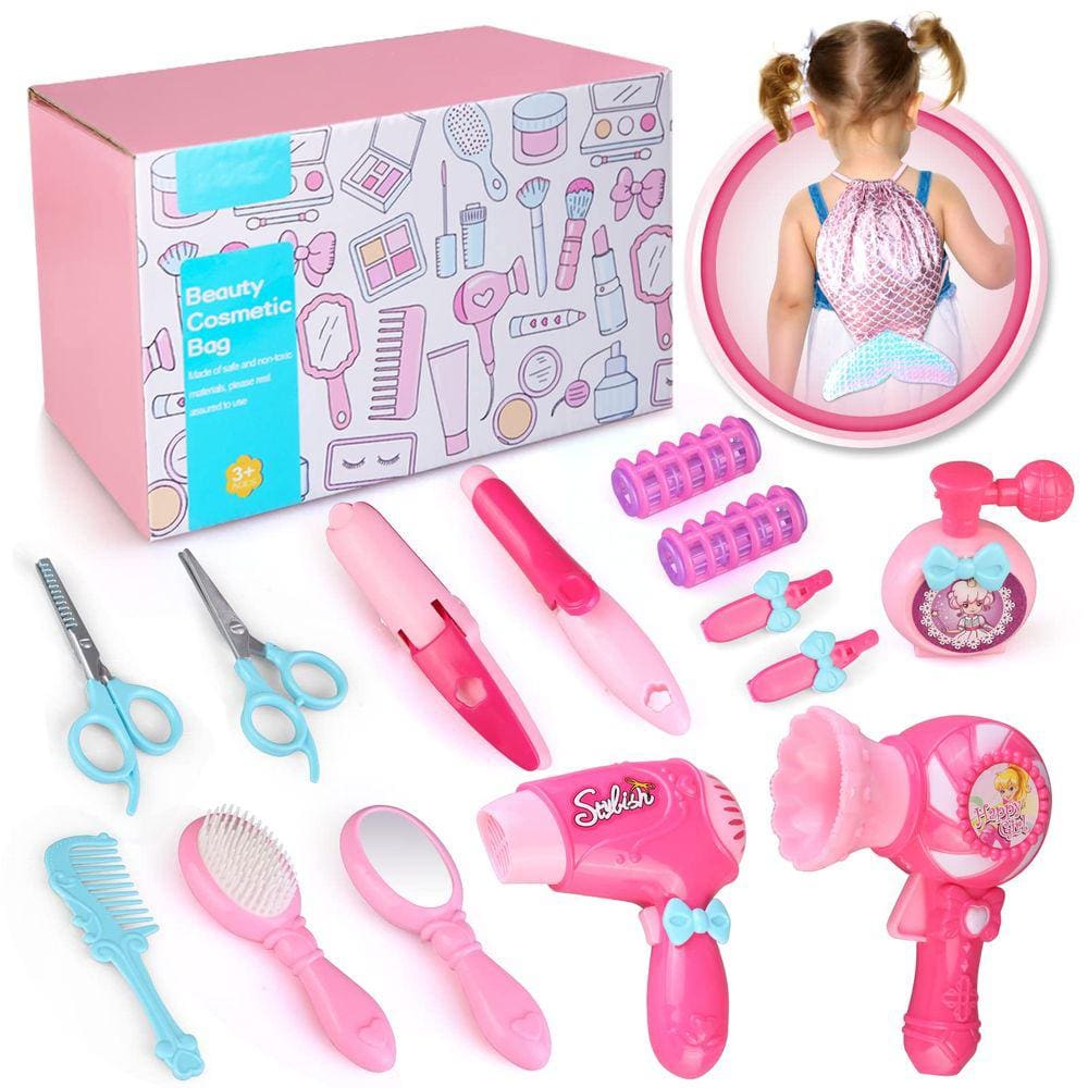 Conjunto de brinquedos para salão de cabeleireiro infantil com secador de cabelo, modelador e acessórios