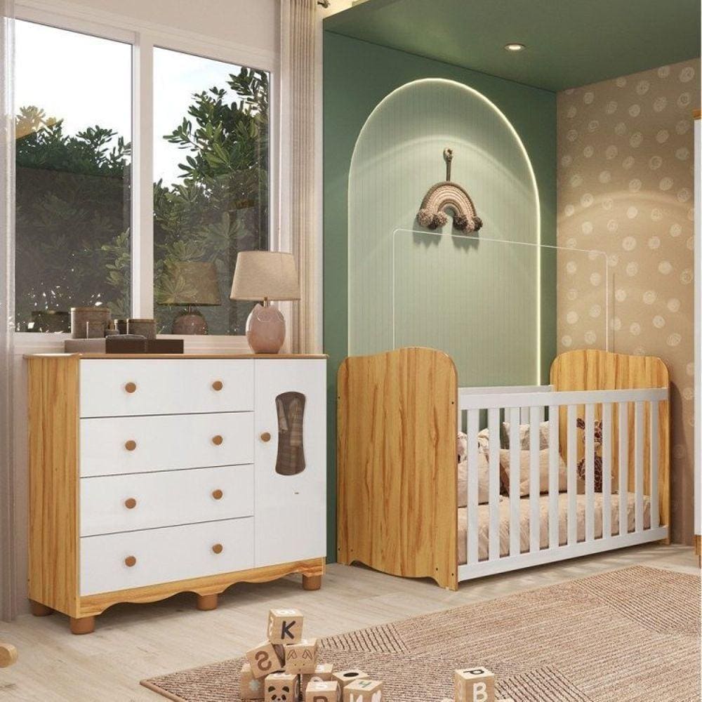 Quarto de Bebê Cômoda 1 Porta com Janela e 4 Gavetas e Berço 100% Mdf Lana Branco Brilho/Amêndoa
