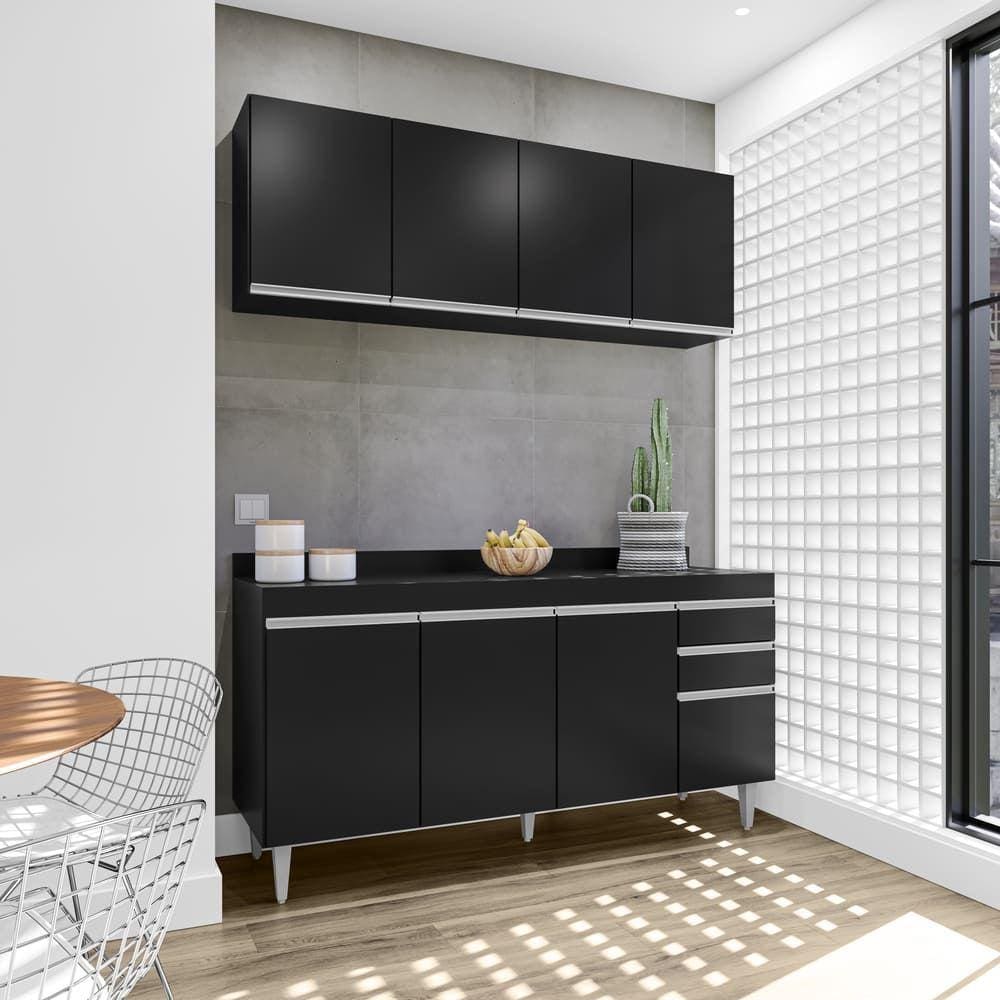 Kit Armário Lavinia e Balcão Lorena 160cm S/ Tampo Preto - Vallisa Decor