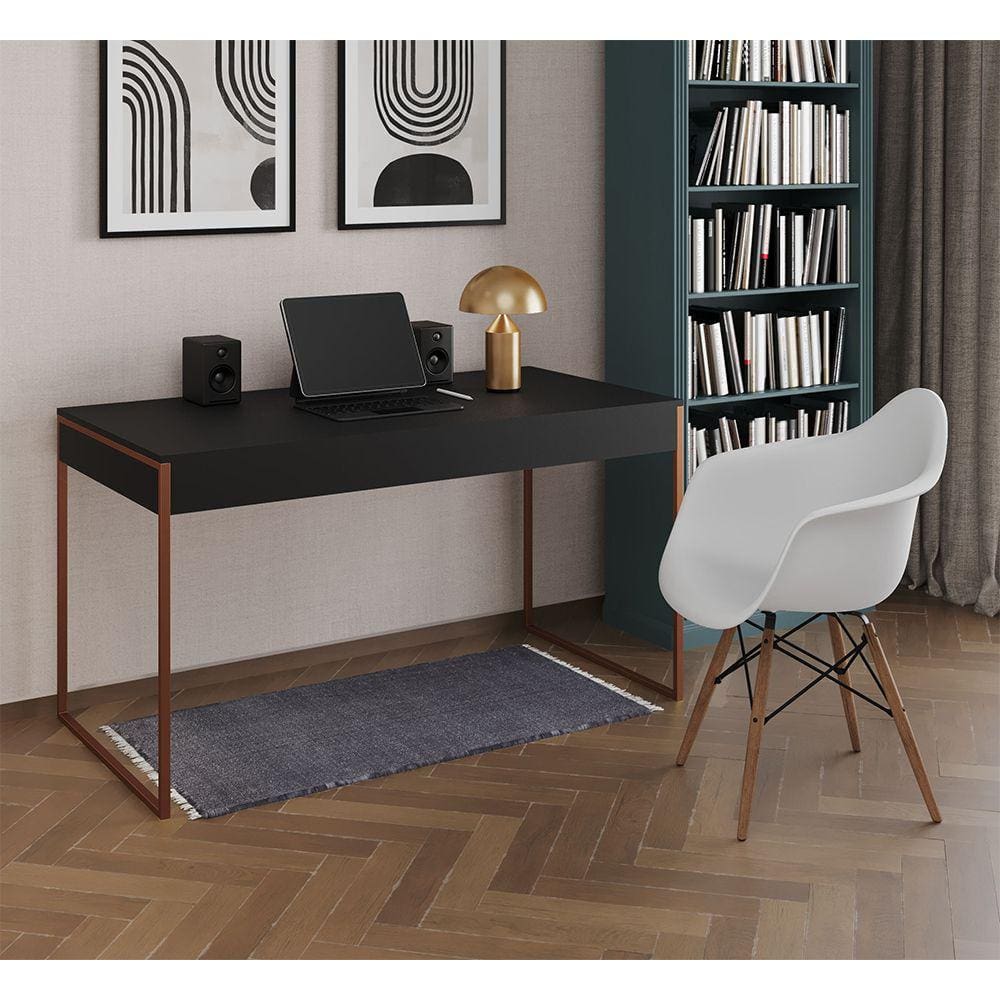 Escrivaninha Home Office Estilo Industrial Malta Preta 137x53cm Base Cobre com 1 Poltrona Branca Eam