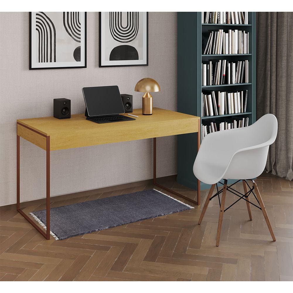 Escrivaninha Home Office Estilo Industrial Malta Canela 137x53cm Base Cobre com 1 Poltrona Branca Ea