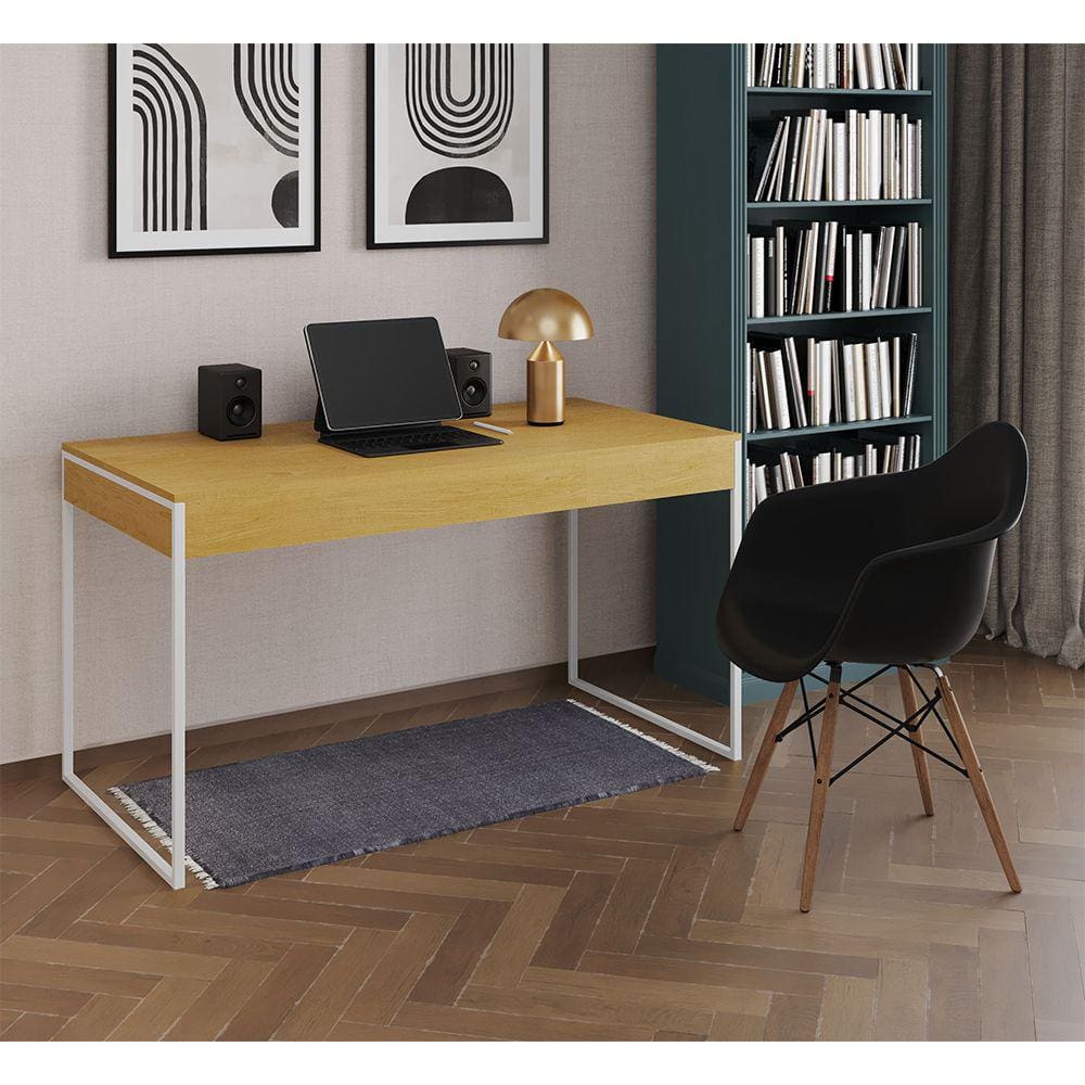 Escrivaninha Home Office Estilo Industrial Malta Canela 137x53cm Ferro Branco com 1 Poltrona Preta E
