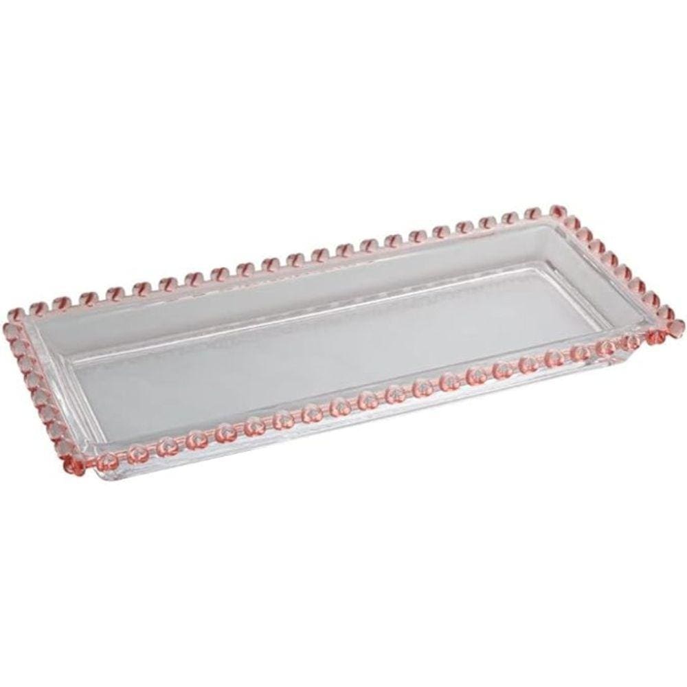 Travessa Retangular de Cristal Coração Borda Rosa 30cm x 13c
