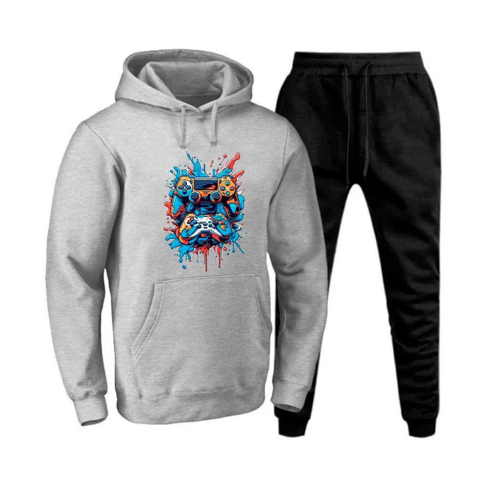 Conjunto Flanelado de Frio Moletom Canguru Capuz Estampado Com Calça Jogger Elastico na Cintura