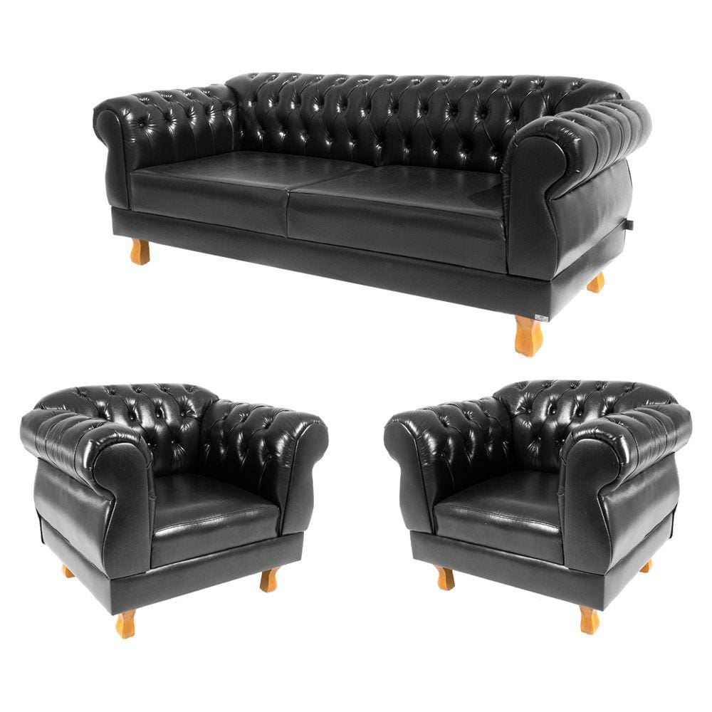 1 Sofá 1,80cm + 2 Poltronas Chesterfield Elisabeth Corano Preto