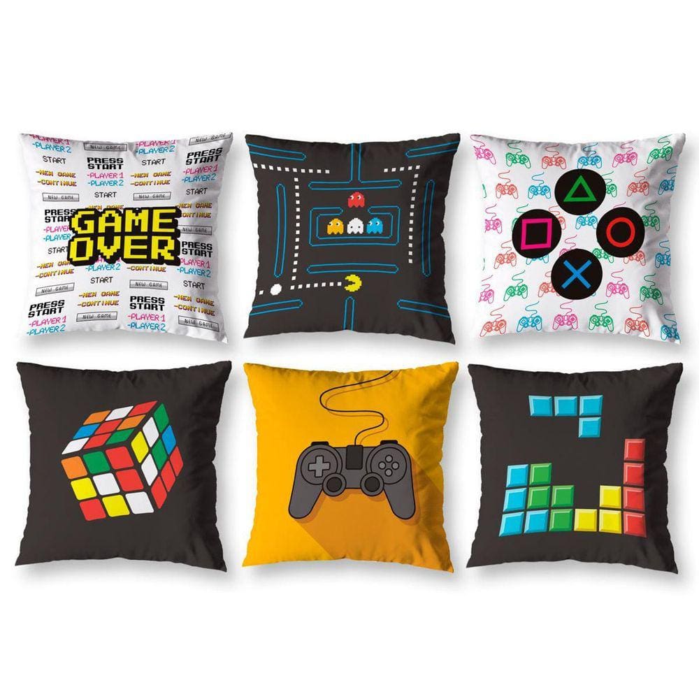 Kit 6 Almofadas Cheias Estampadas Infantil 40X40 Zíper Game