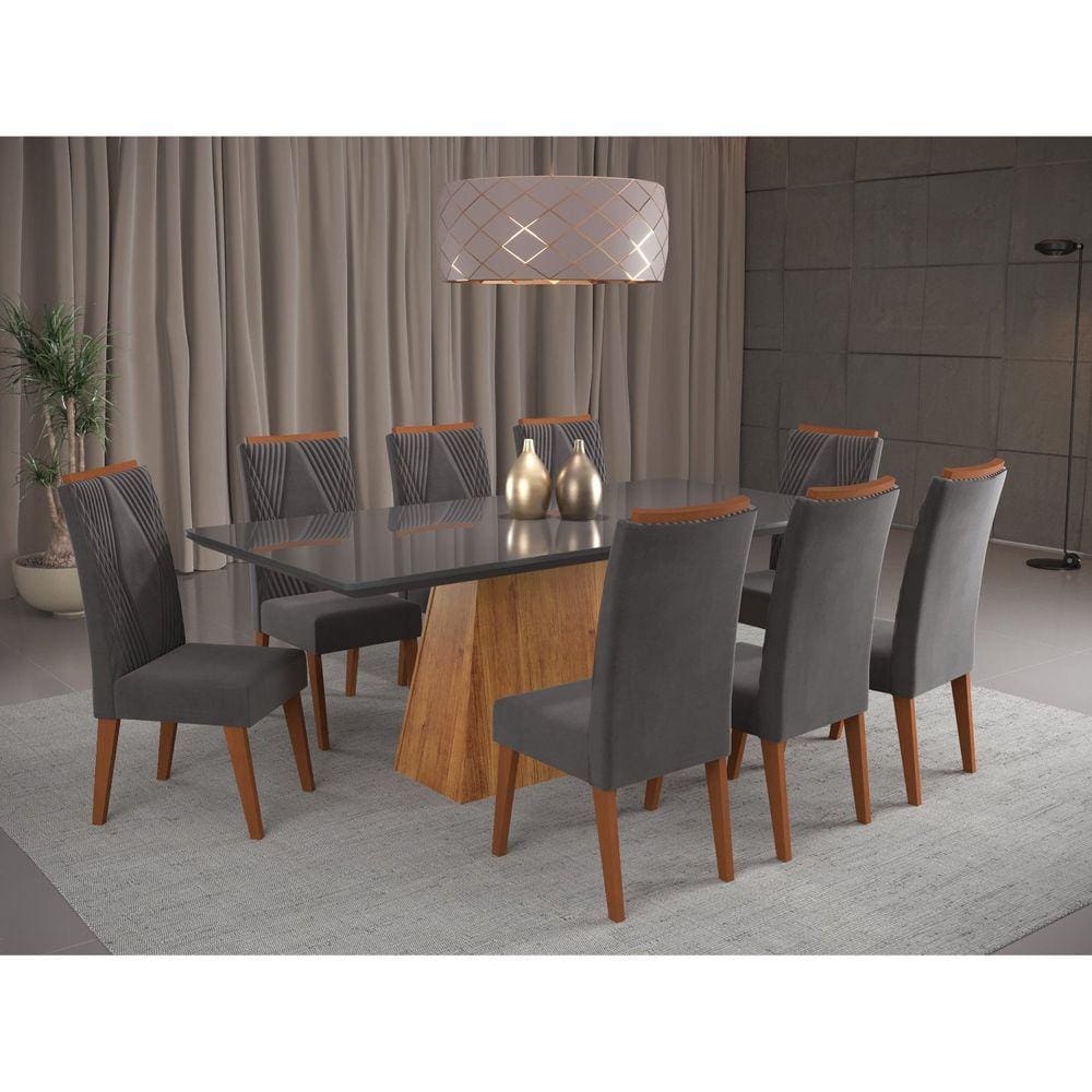 Mesa de Jantar Retangular Sylk com 8 Cadeiras Vegas Mel/Grafite/Grafite
