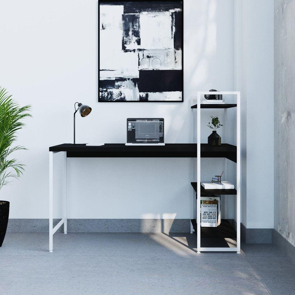 Escrivaninha com Estante 3 Prateleiras Estilo Industrial 135cm Active Yescasa Preto Ônix / Est.Branca