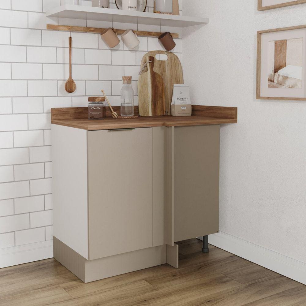 Balcão de Canto Reto Com Tampo Com Rodapé Puxador 150cm Ipanema Cabecasa MadeiraMadeira Cinza Trama/Branco