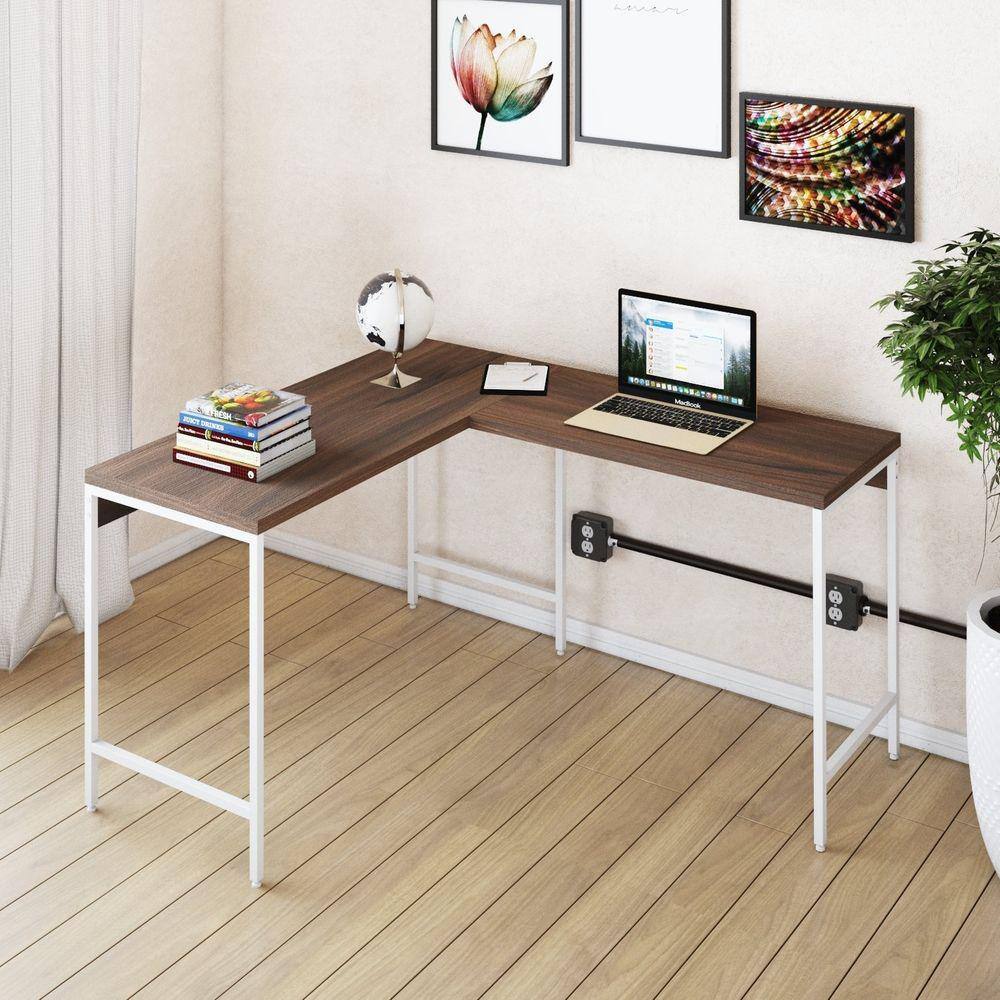 Mesa de Escritório em L Estilo Industrial 120x140cm Active Nogal / Est.Branca