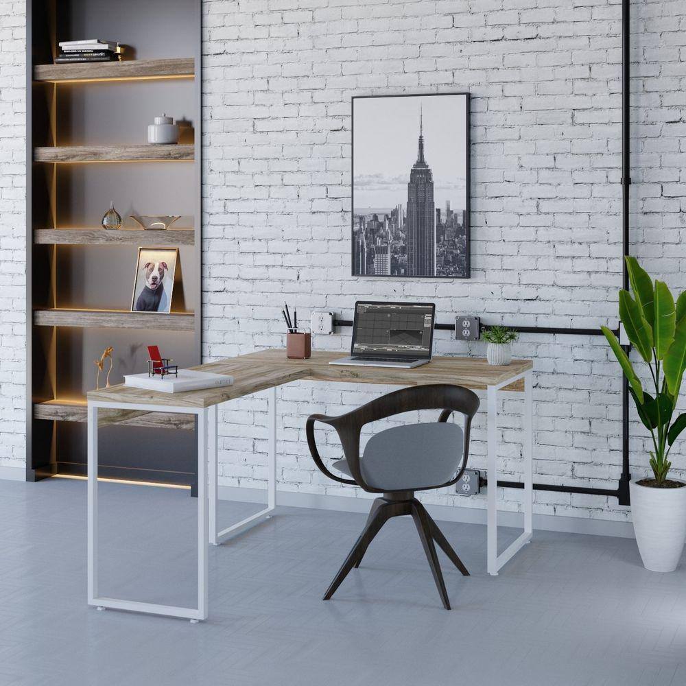 Mesa de Escritório em L Estilo Industrial 120x150cm Kuadra Carvalho / Est.Branca