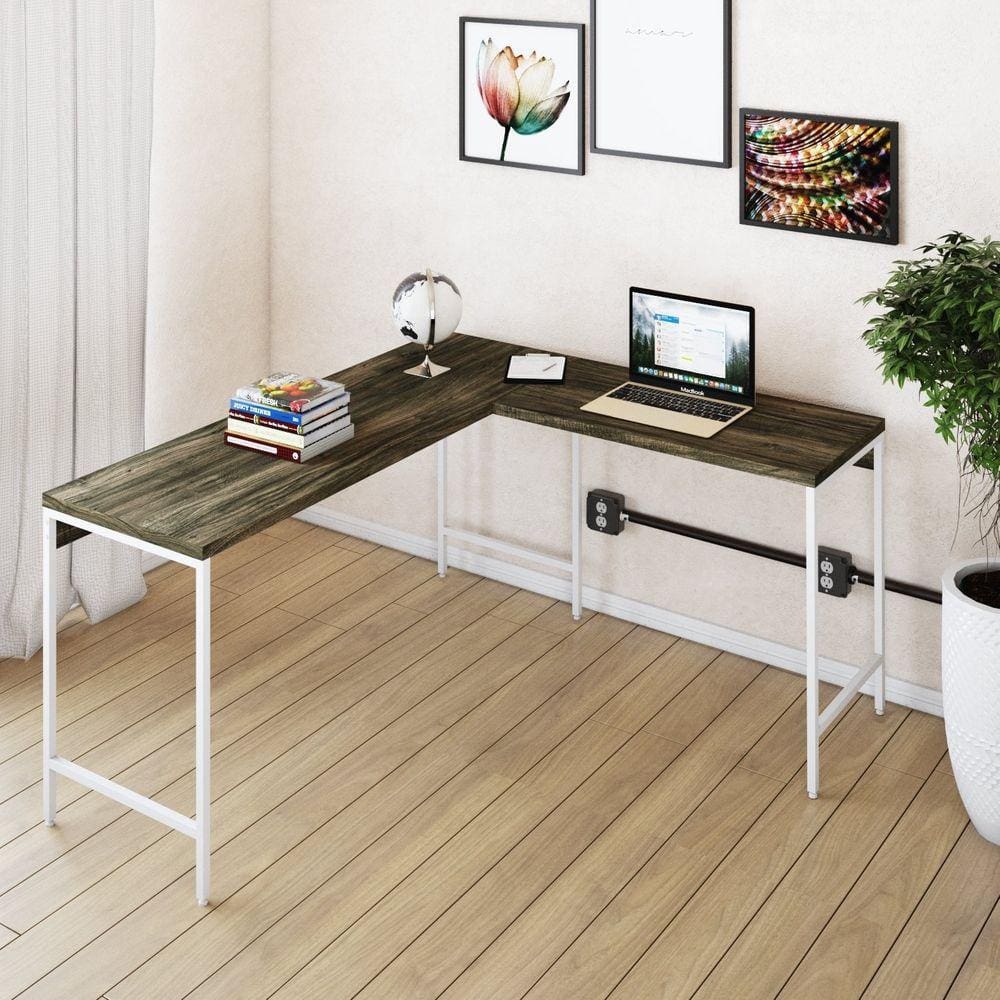 Mesa de Escritório em L Estilo Industrial 150x140cm Active Carvalho Dark / Est.Branca