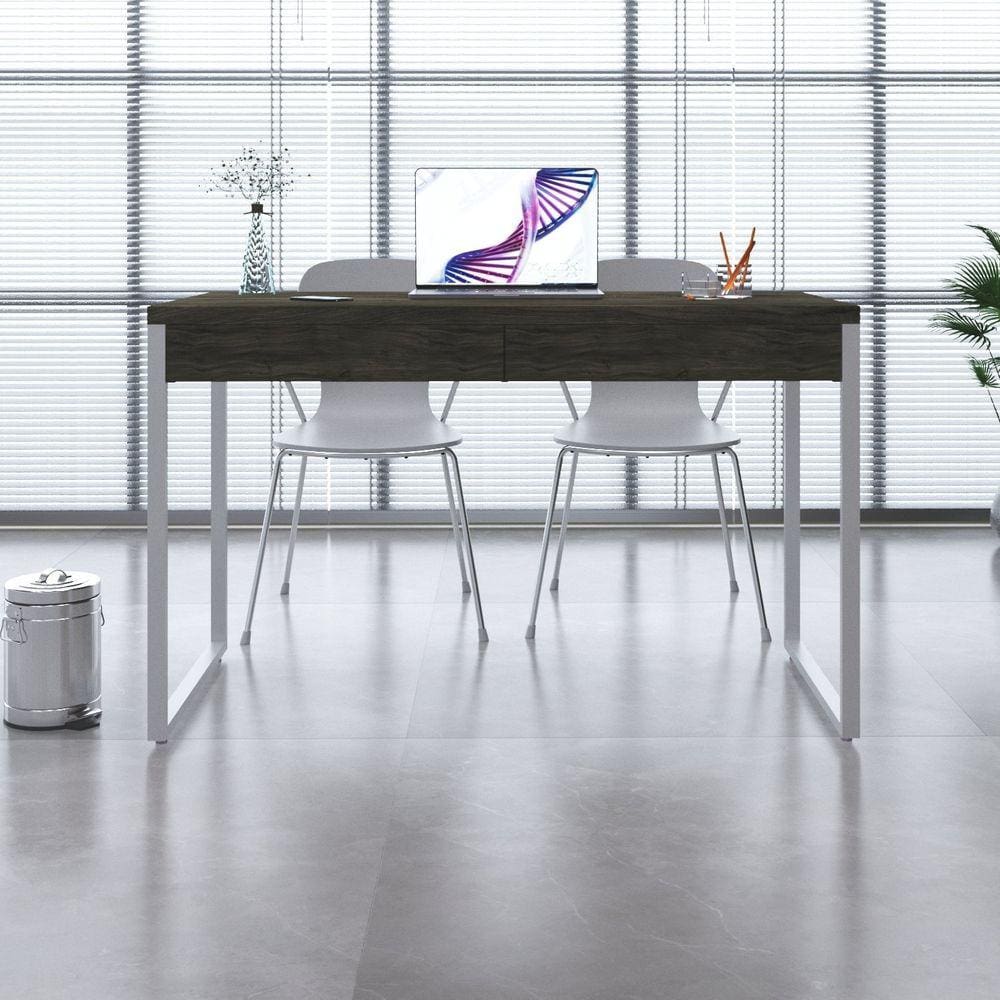 Mesa para Escritório 120cm 2 Gavetas Kuadra Carvalho Dark / Est.Branca