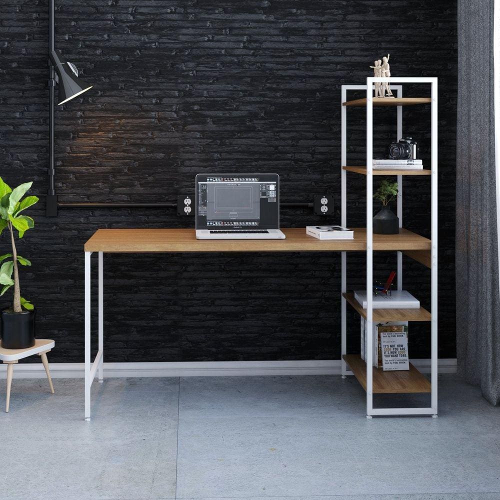Escrivaninha com Estante 4 Prateleiras Estilo Industrial 150cm Active Yescasa Lâmina Mel / Est.Branca