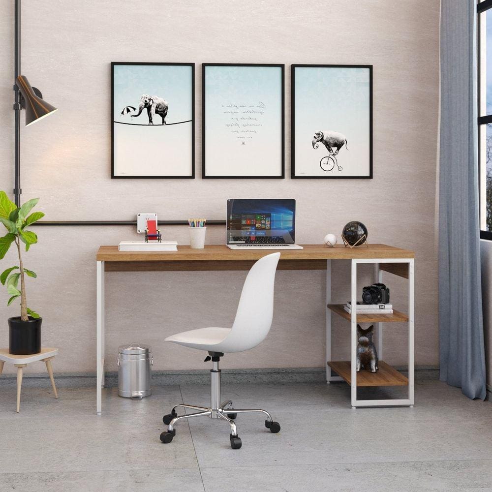 Escrivaninha com Estante Baixa 2 Prateleiras Estilo Industrial 150cm Active Yescasa Lâmina Mel/Est.Branca