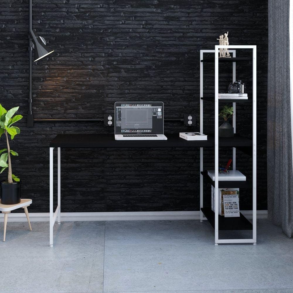 Escrivaninha com Estante 4 Prateleiras Estilo Industrial 150cm Active Yescasa Preto Ônix / Est.Branca