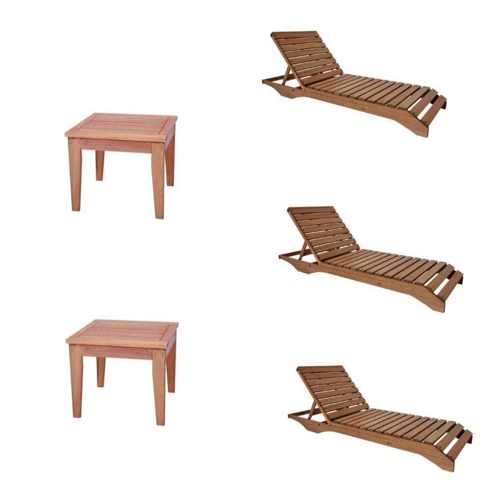 Conjunto 3 Espreguiçadeiras E 2 Mesinhas de Centro Para Jardim em Madeira Maciça Madeira