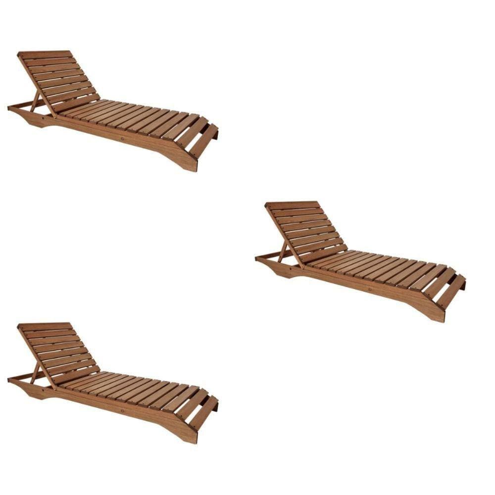 Conjunto 3 Espreguiçadeiras Para Jardim em Madeira Maciça Chaise Long Madeira