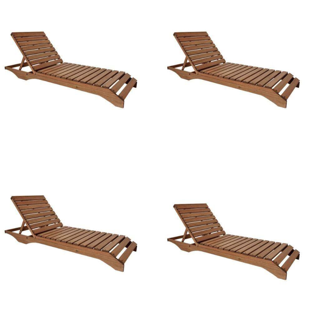 Conjunto 4 Espreguiçadeiras Para Jardim em Madeira Maciça Chaise Long Madeira