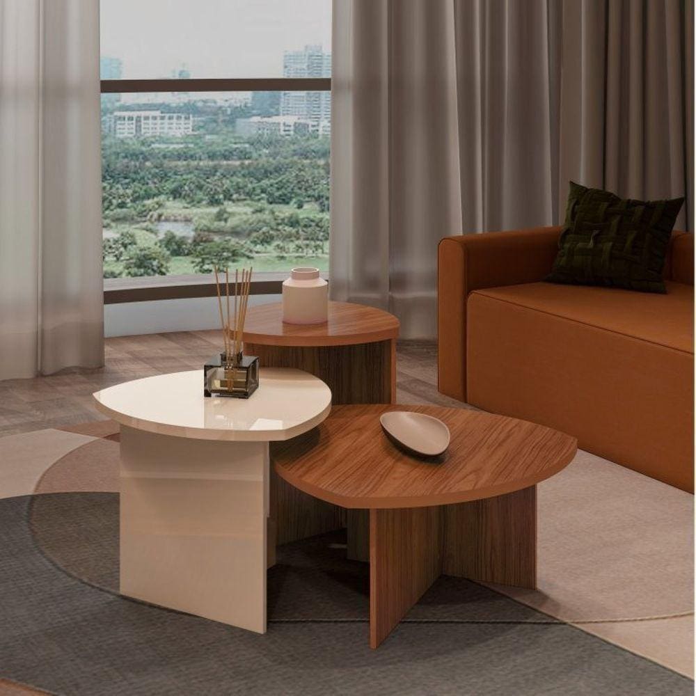 Conjunto Sala de Estar 1 Mesa de Centro Oval e 2 Mesas Laterais Delta Cedro/Branco