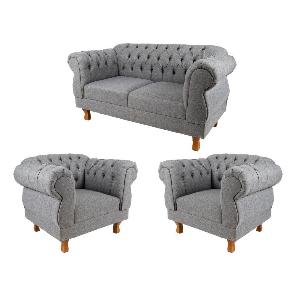 1 Sofá 1,80cm + 2 Poltronas Chesterfield Elisabeth Linho Cinza
