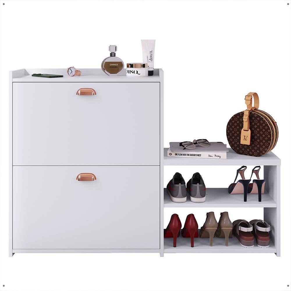 Sapateira Vertical Milano 2 Gavetas Basculantes Prateleira Porta Calçados Banquinho Hall Entrada Canto Quarto Retrô - Branco - RPM