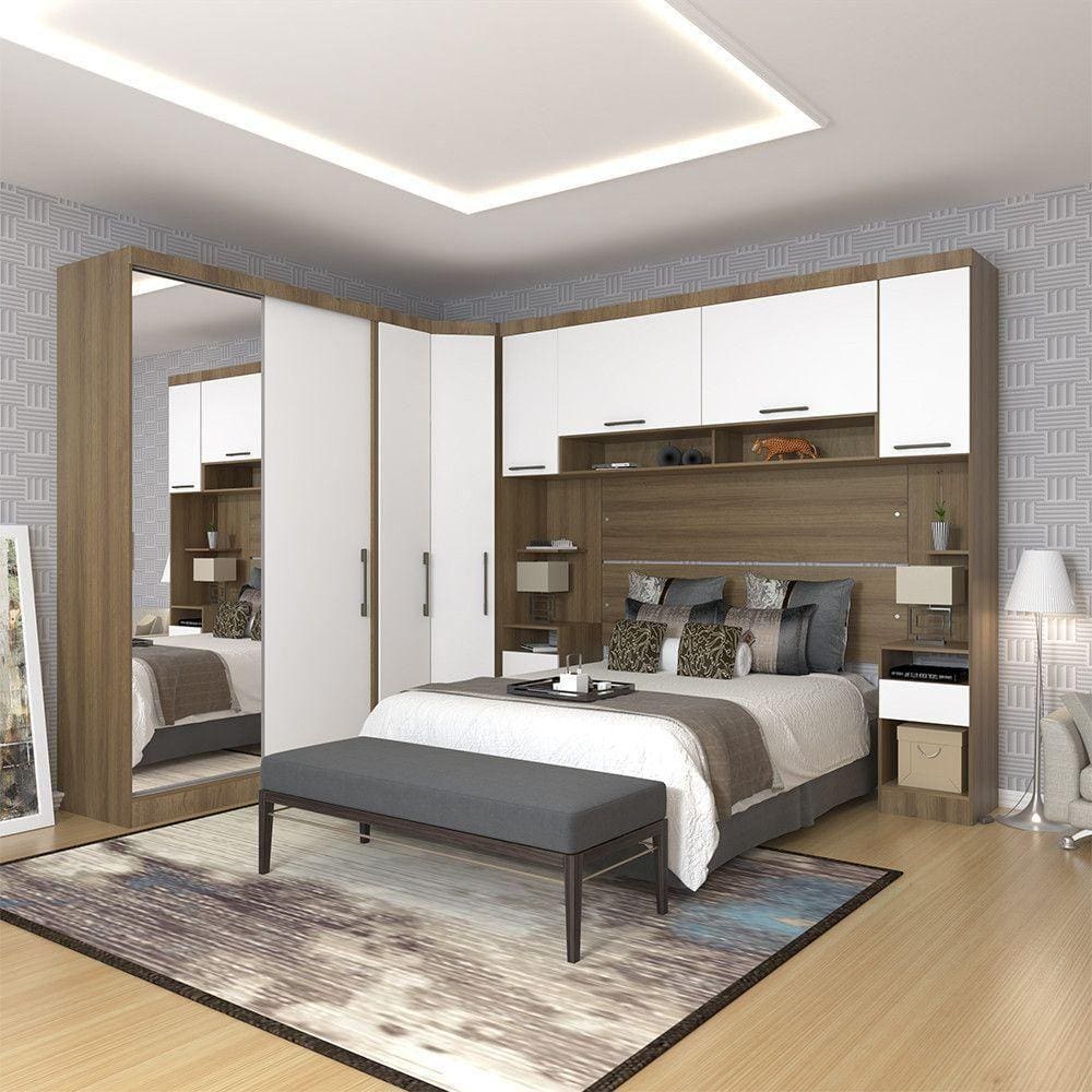 Quarto De Canto Casal Com Guarda Roupas Com Espelho E Mesas De Cabeceira Paris Luciane Móveis Avelã Pf Com Branco Pf