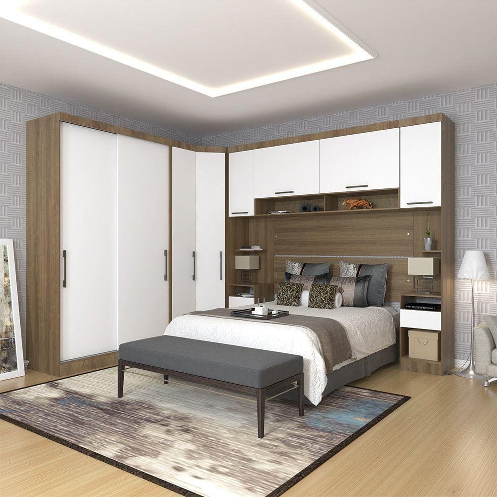 Quarto De Canto Casal Com Guarda Roupas Cabeceira E Mesas De Cabeceira Paris Luciane Móveis Avelã Pf Com Branco Pf