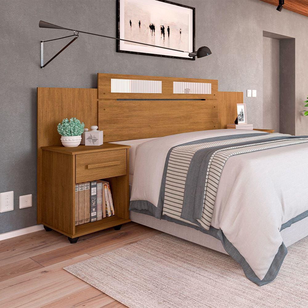 Cabeceira de Solteiro Casal Extensível Jade com 2 Mesas de Cabeceira - Amêndoa