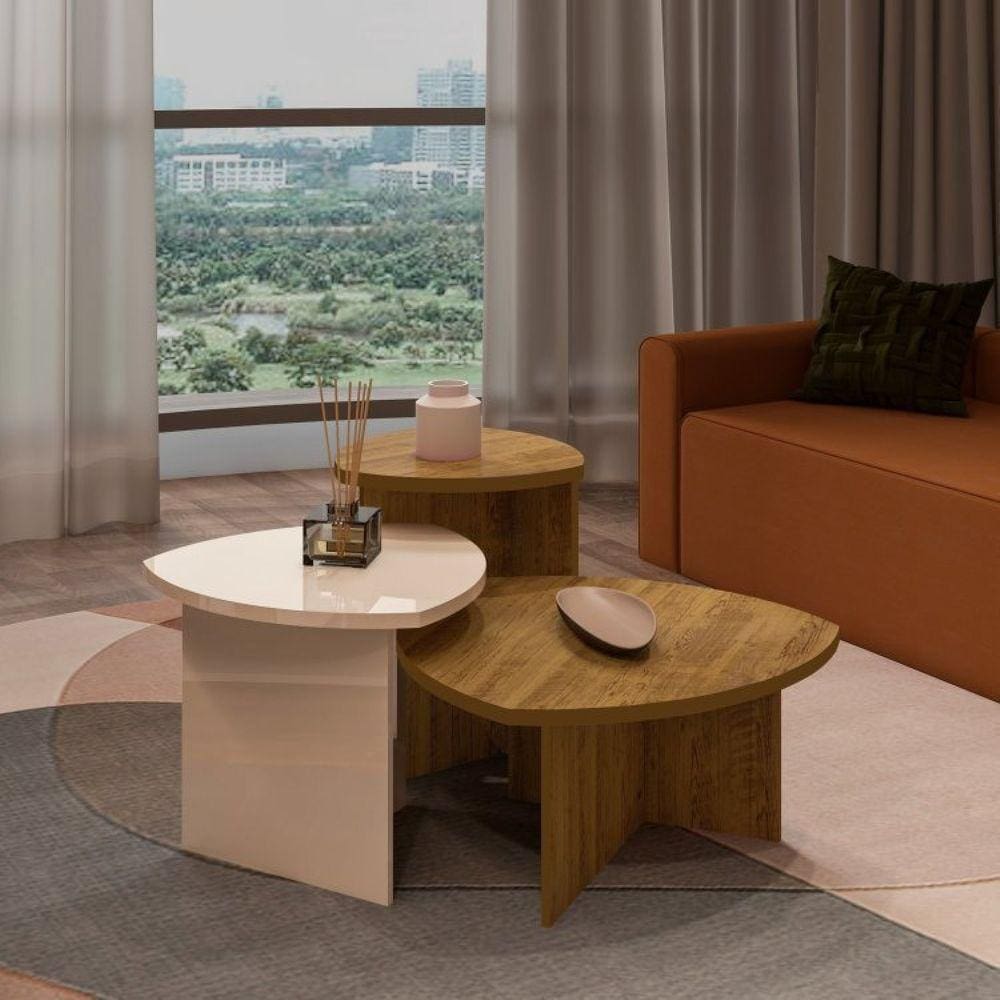 Conjunto Sala de Estar 1 Mesa de Centro Oval e 2 Mesas Laterais Delta Pinho/Branco