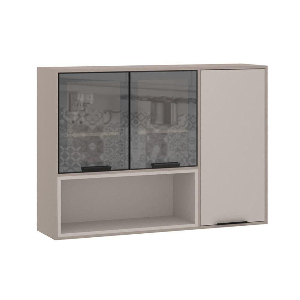 Armário Aéreo 120cm 3 Portas Com Vidro Reflecta Stylo Luciane Móveis Cinammon-beige