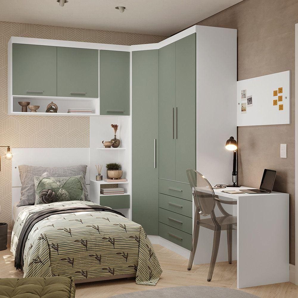 Quarto De Canto Solteiro Com Guarda Roupas Cabeceira E Escrivaninha Alpes Luciane Móveis Branco Pf Com Verde Pf