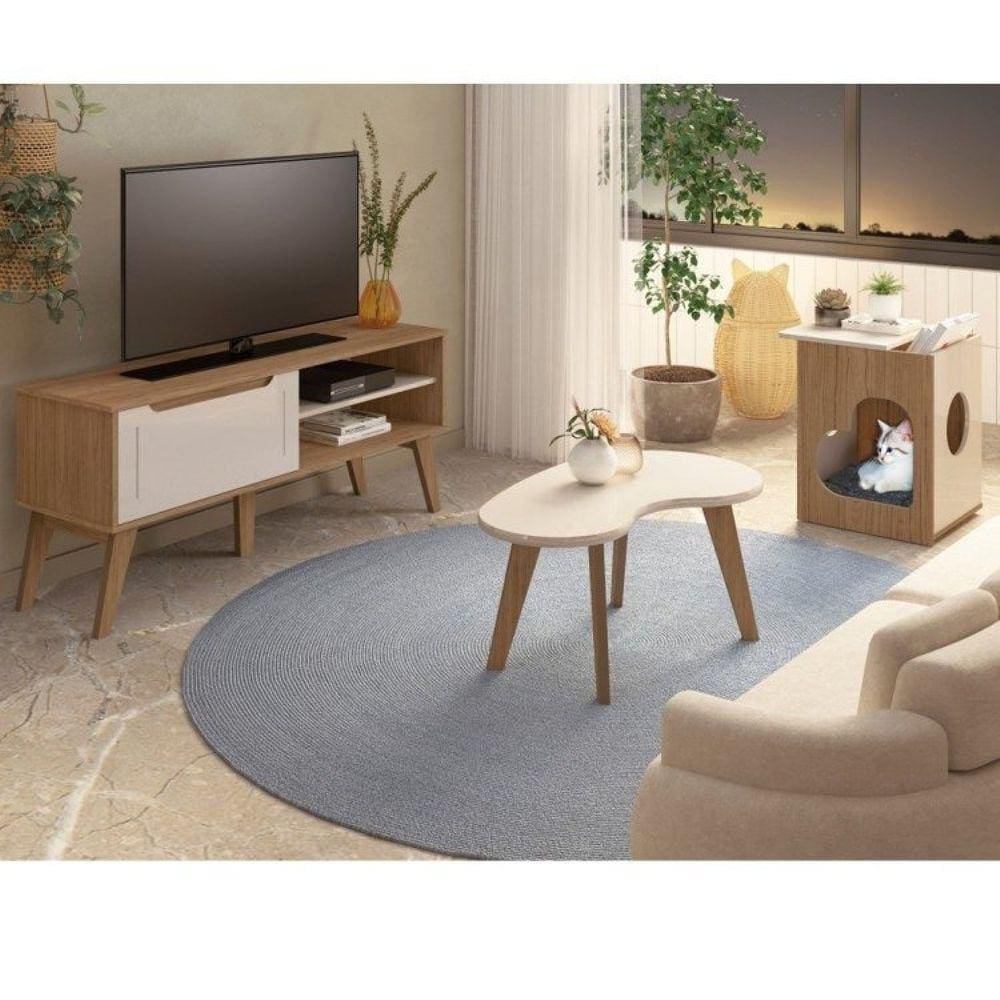 Conjunto Sala de Estar Rack para TV até 47 Pol Lotus com Mesa de Centro e Mesa de Apoio para PET Carvalho/Off White