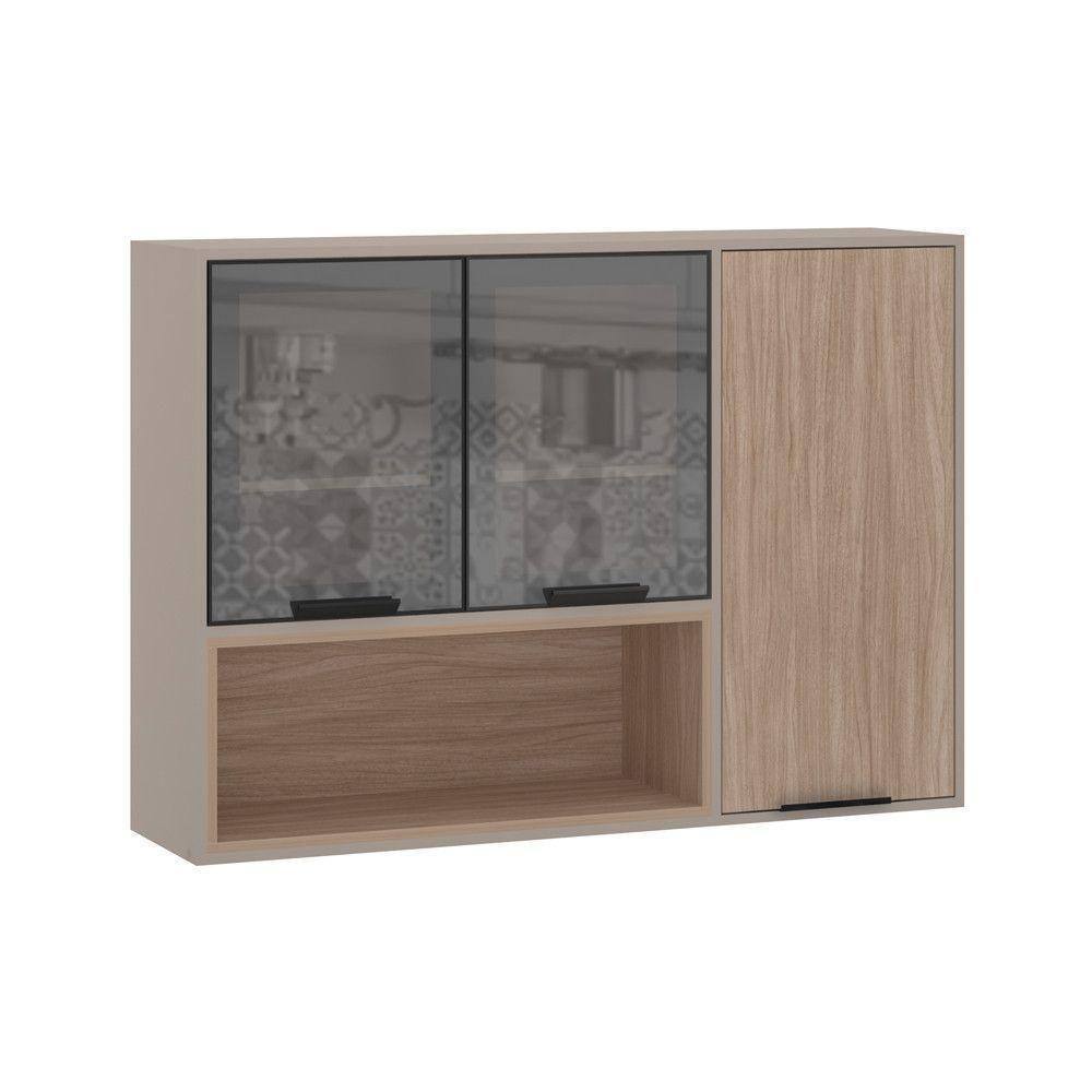 Armário Aéreo 120cm 3 Portas Com Vidro Reflecta Stylo Luciane Móveis Cinammon-cumaru