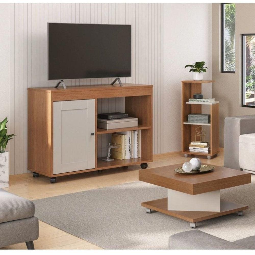 Conjunto Sala de Estar Rack para TV até 49 Pol Zoom com Mesa de Centro Saara e Mesa de Apoio Bis Cinamomo/Off White