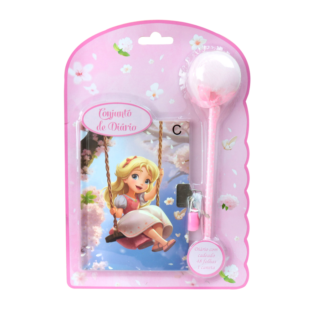 Diário Da Menina No Balanço Com Cadeado E Caneta Pompom 48 Folhas