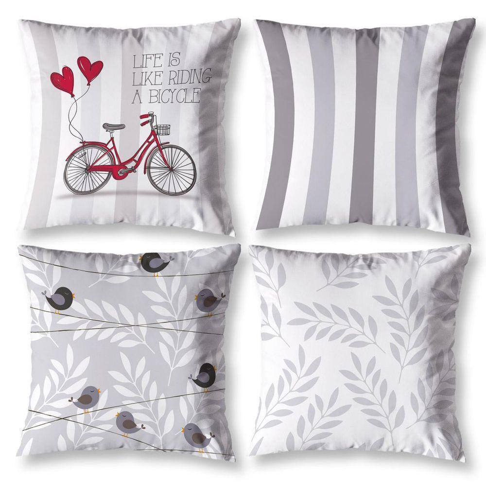 4 Almofadas Cheias Sala 40Cm X 40Cm Estampadas Bike Branco