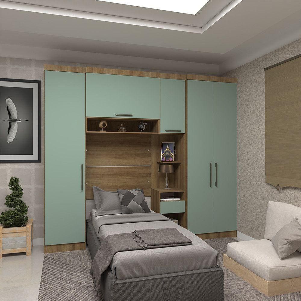Quarto De Solteiro Com Guarda Roupas E Mesa De Cabeceira Paris Luciane Móveis Avelã Pf Com Verde Pf