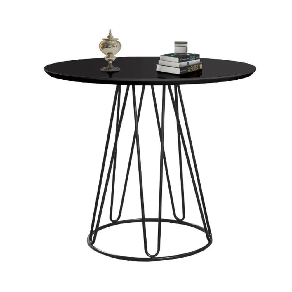 Mesa De Jantar Preta 1,0m Rubi Base Metal Tampo Com Vidro