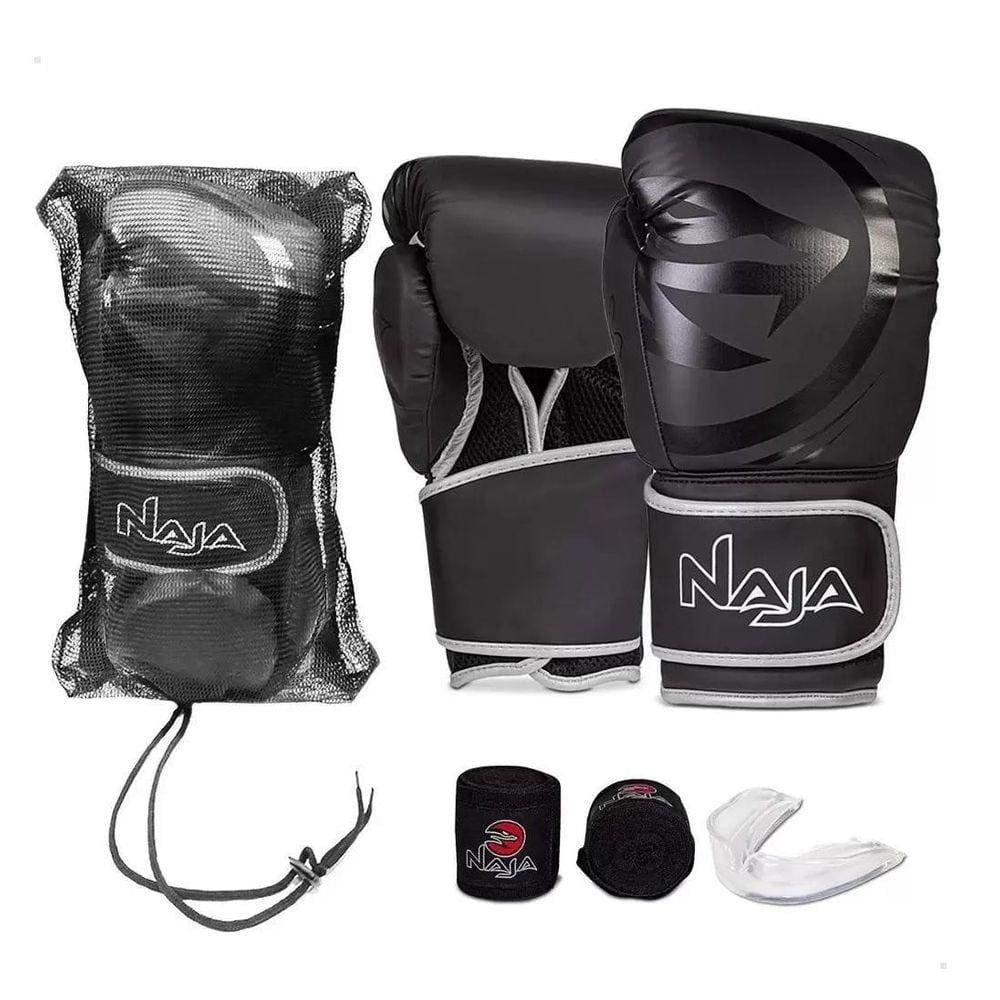 Kit Luva Boxe Muay Thai Naja Mod. Black Line Preto/Prata +