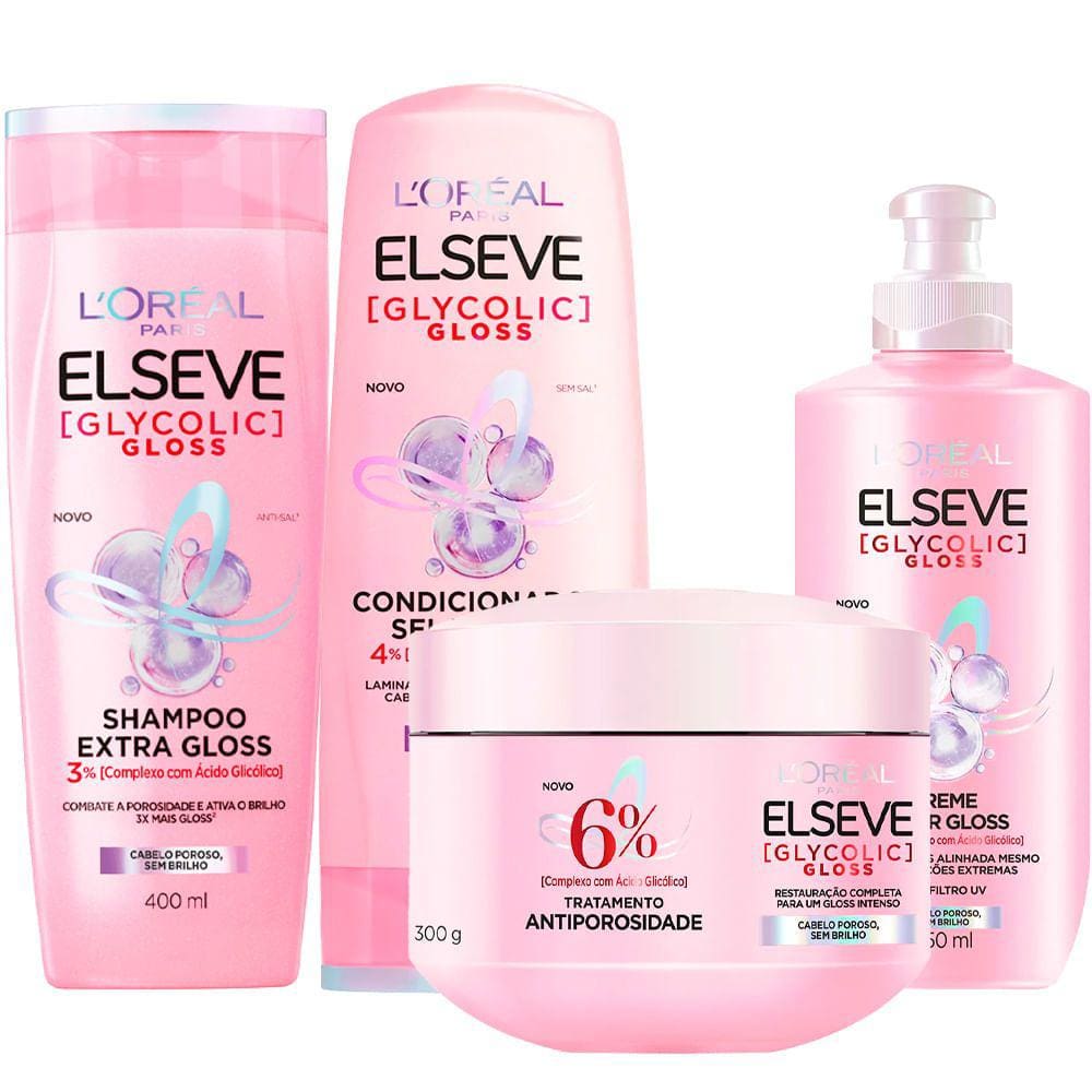 Kit Shampoo Elseve Glycolic Gloss, Condicionador Elseve Glycolic Gloss, Creme Para Pentear Elseve Glycolic Gloss e Creme De Tratamento