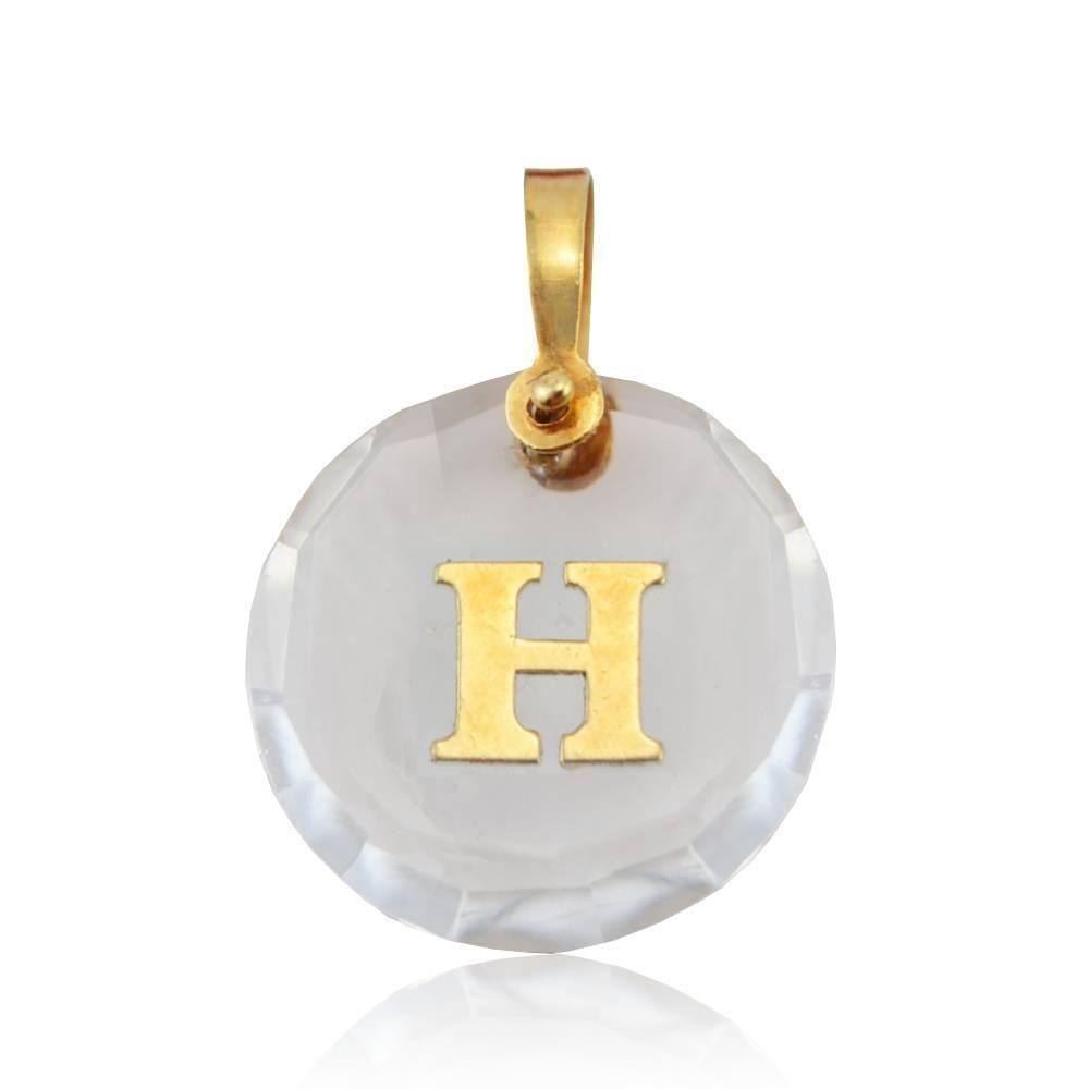 Pingente Cristal Redondo Com Letra H Em Ouro 18K