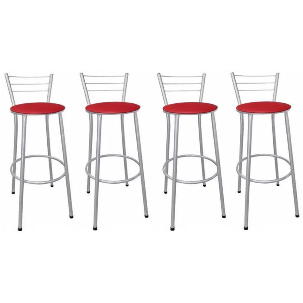 Kit 4 Banquetas Altas Prata com Encosto Assento Vermelho