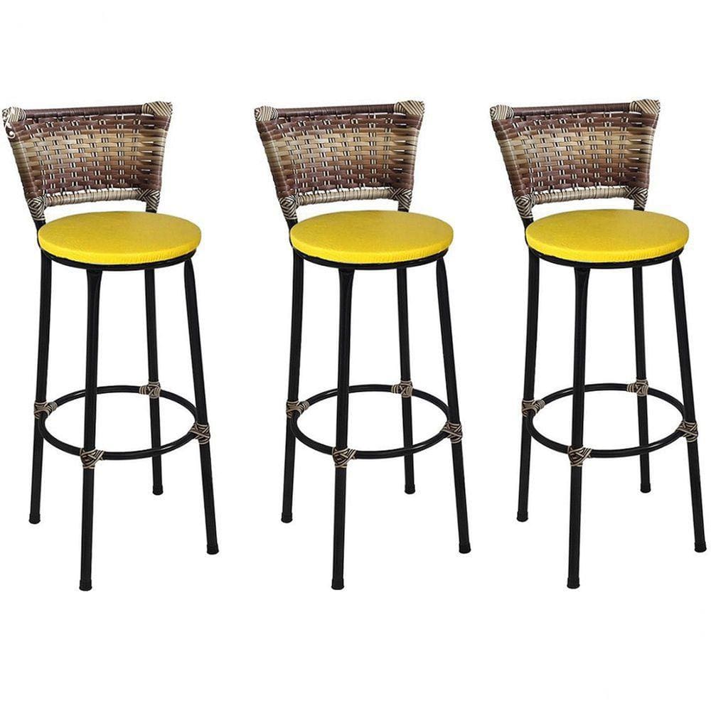 Kit 3 Banquetas Médias Preta com Encosto Junco Capuccino Assento Amarelo