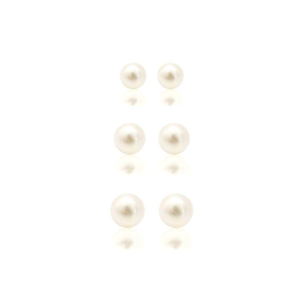 Trio Brinco Pérola 4mm, 6mm e 8mm Folheado a Ouro 18K