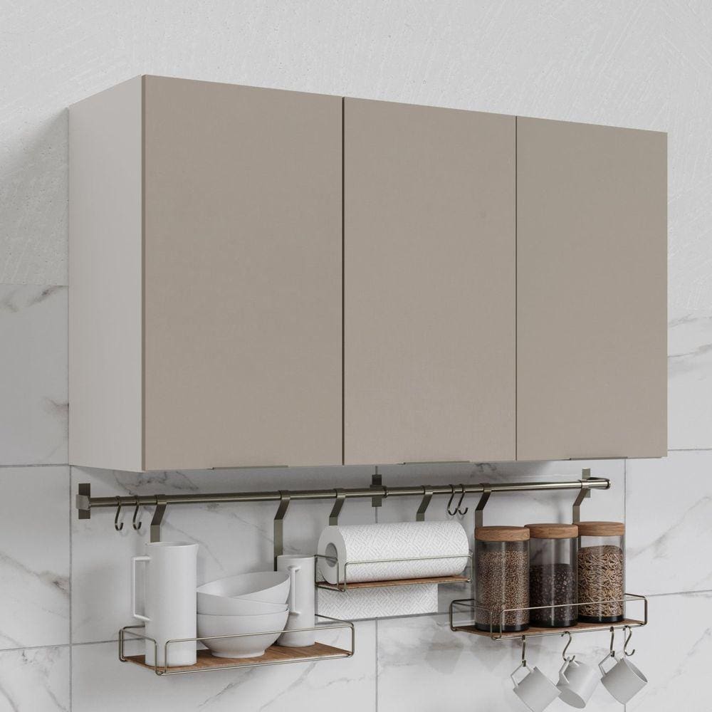 Armário Aéreo 3 Portas 120cm Puxador 150cm Ipanema CabeCasa MadeiraMadeira Cinza Trama/Branco