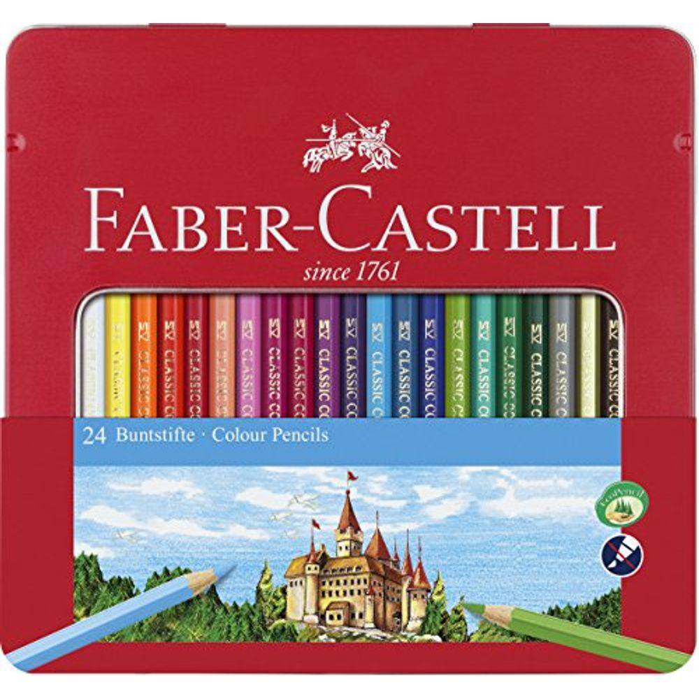Faber-Castell Classic Lápis de 24 cores em caixa de estanho de metal