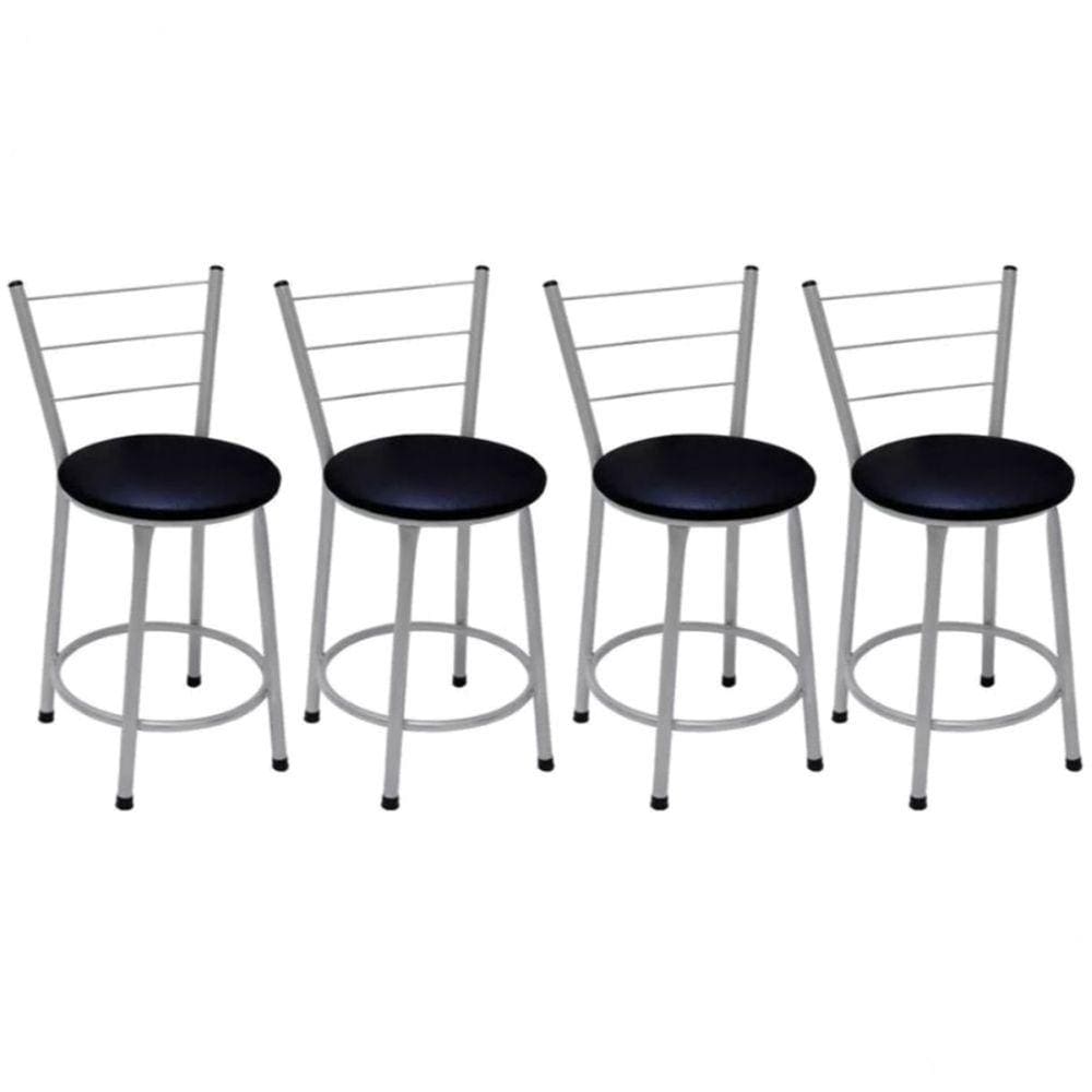Kit 4 Banquetas Baixas Prata com Encosto Assento Preto